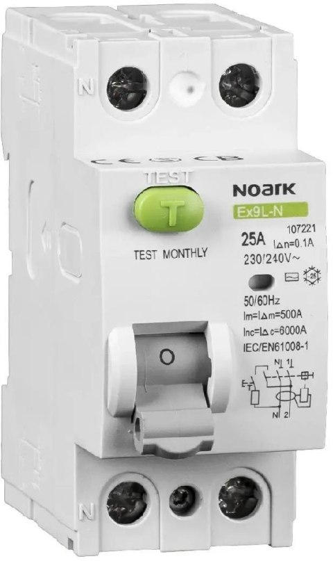 WYŁĄCZNIK RÓŻNICOWOPRĄDOWY, 6 KA, 25A, 30MA, 2P TYP AC EX9L-N Noark 108314