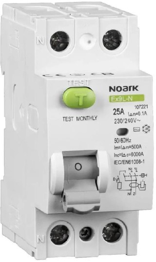 WYŁĄCZNIK RÓŻNICOWOPRĄDOWY, 6 KA, 40A, 30MA, 2P TYP AC EX9L-N Noark 108315