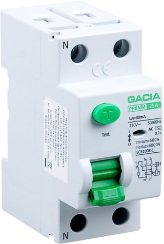 Wyłącznik różnicowoprądowy 25A, 30mA, 2P, typ A GACIA PR8NM 2P 25A 30MA A