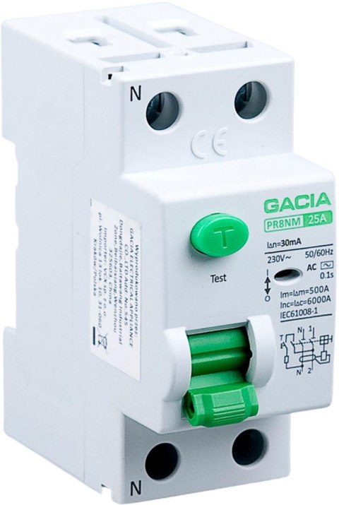 Wyłącznik różnicowoprądowy 6kA 2P 25A 30mA typ: AC GACIA PR8NM 2P 25A 30MA AC